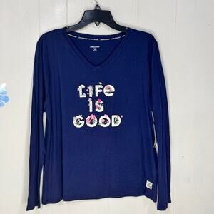 Life Is Good Womens Sleep Top Size XL Blue Long Sleeve V Neck Soft Stretchy New